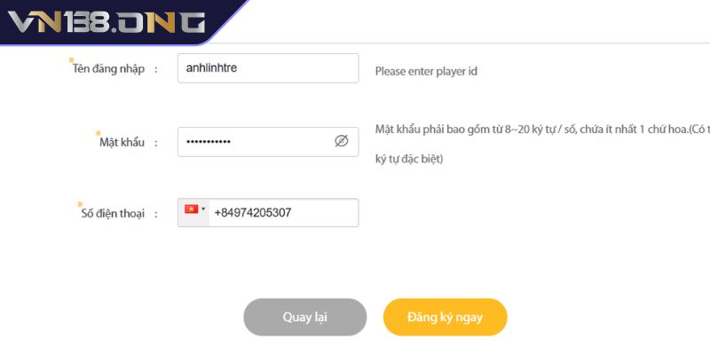 Đăng ký Vn138 2 Nhập thông tin đăng ký VN138